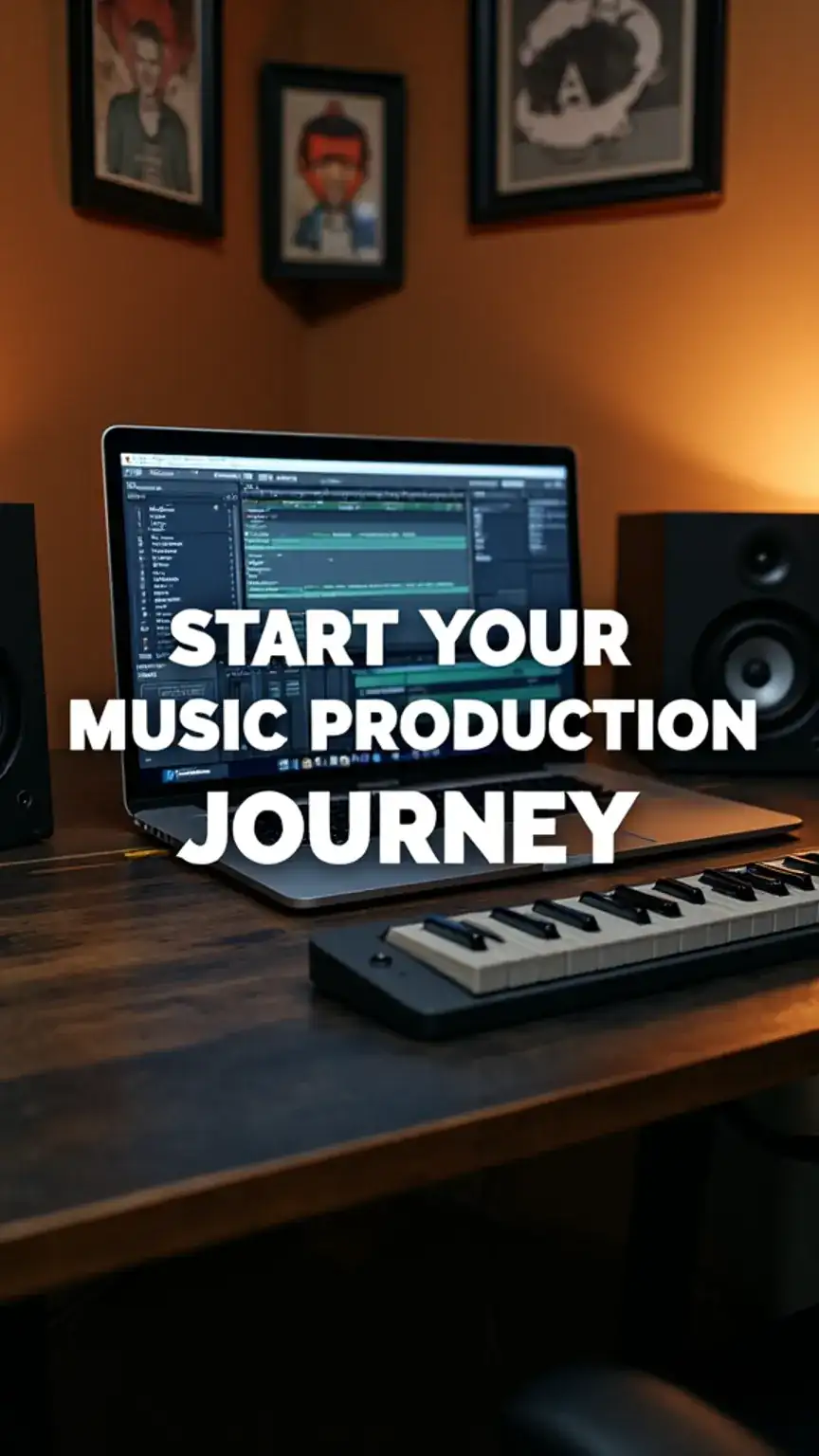 Home music studio setup for beginners, showing a DAW, MIDI keyboard, and studio monitors. Get started with music production at home, learn about studio essentials.
