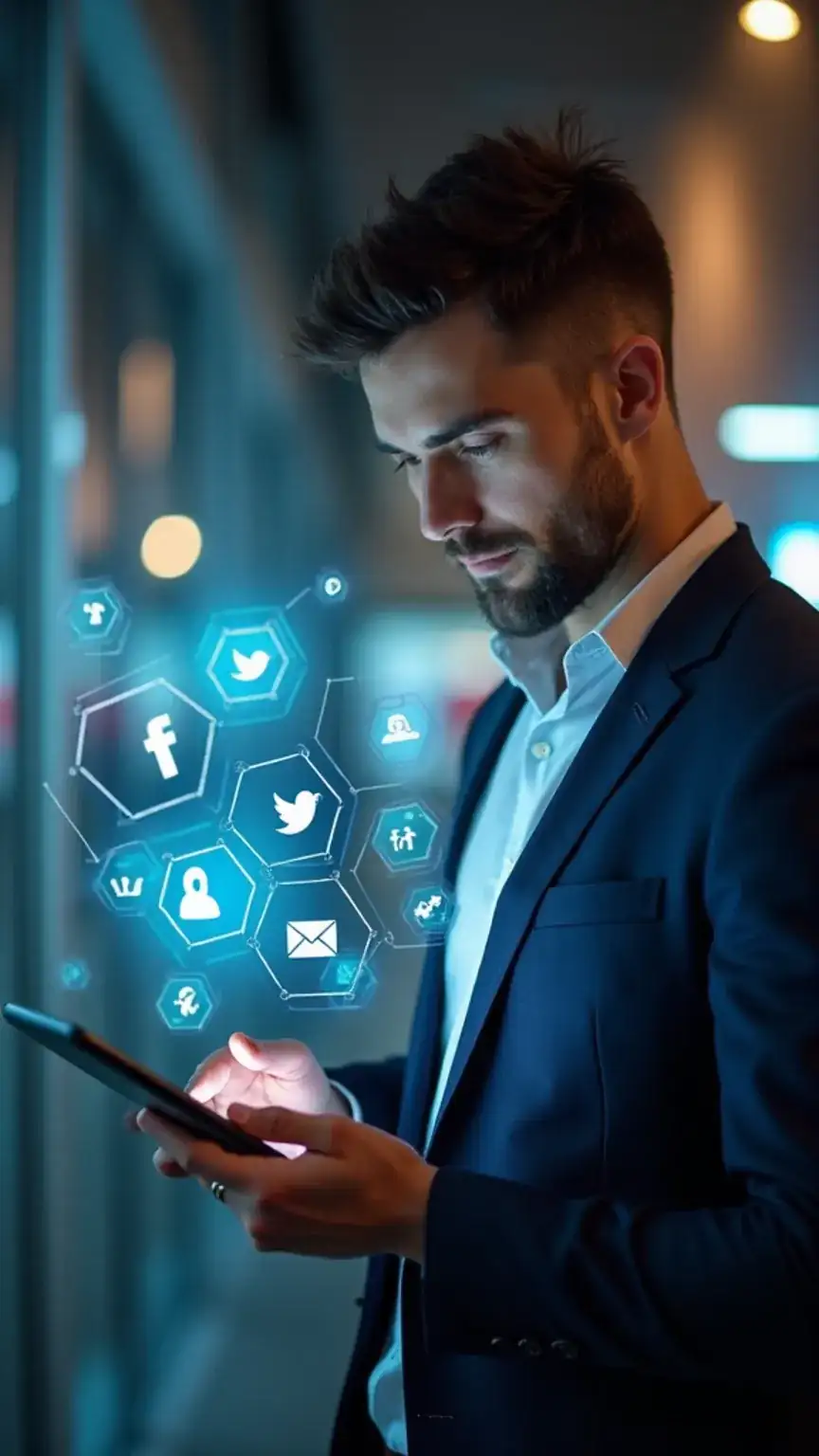 Staying connected in the digital age for professional networking. Man using tech to maintain business relationships. Keywords: professional networking, digital connections, career maintenance.