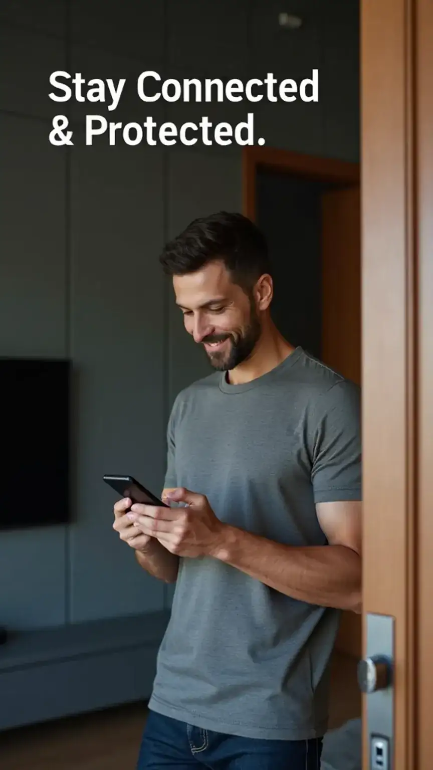 Man checking his smartphone for security alerts from his smart home system. Emphasizes monitoring and maintaining home safety and smart security.