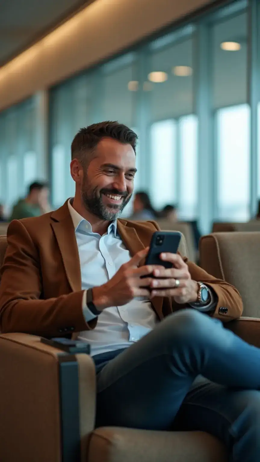 Man video calling on his phone in an airport lounge. Staying connected while traveling, travel communication, travel health.