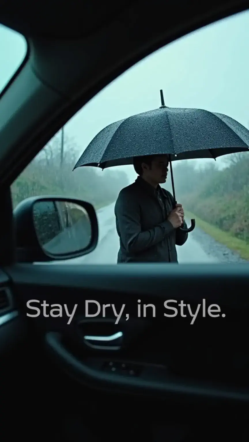 Man using a car umbrella inside a vehicle, best car accessories, car gadgets for rain, practical car accessories for men, stylish car accessories.