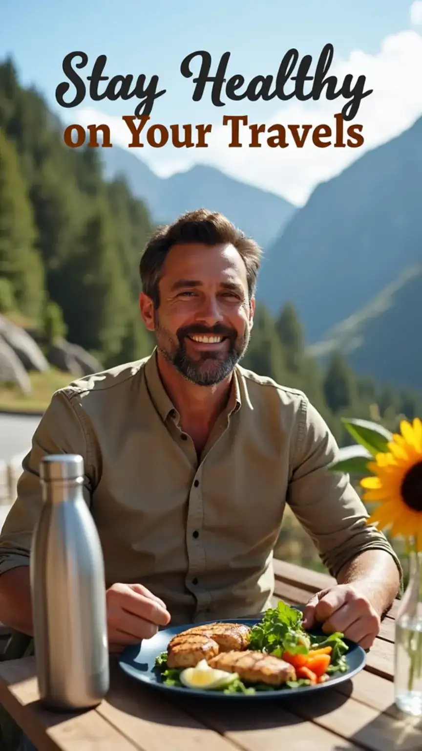 Man eating healthy food while traveling, men's travel tips, staying healthy, travel nutrition, explore and recharge.