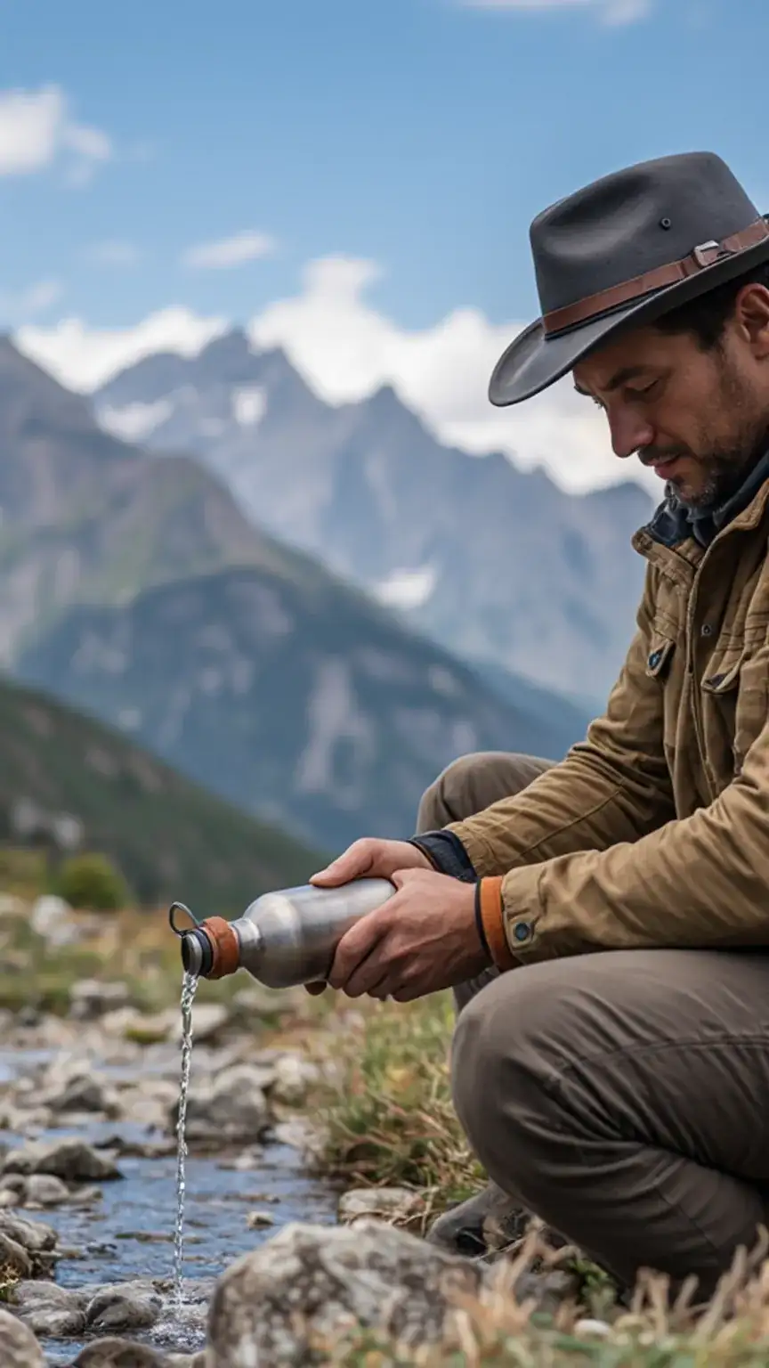 Man refilling a reusable water bottle outdoors. Staying hydrated while traveling, travel health tips, staying fit while traveling.