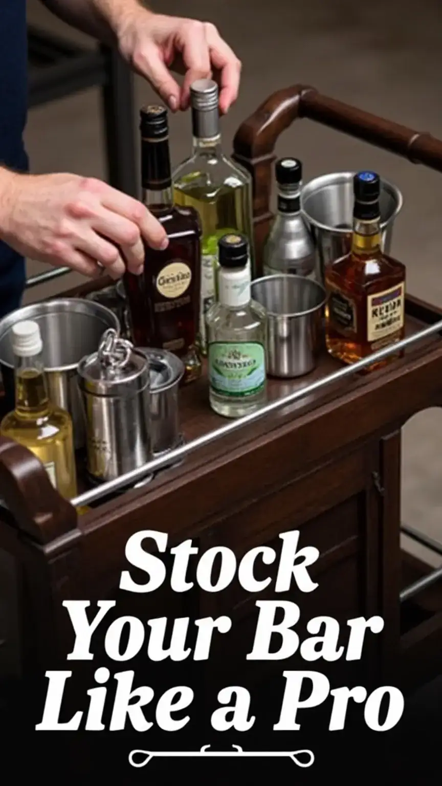 Stocking a DIY home bar with whiskey, rum, and mixers, professional bar setup for entertaining, home bar essentials for men.