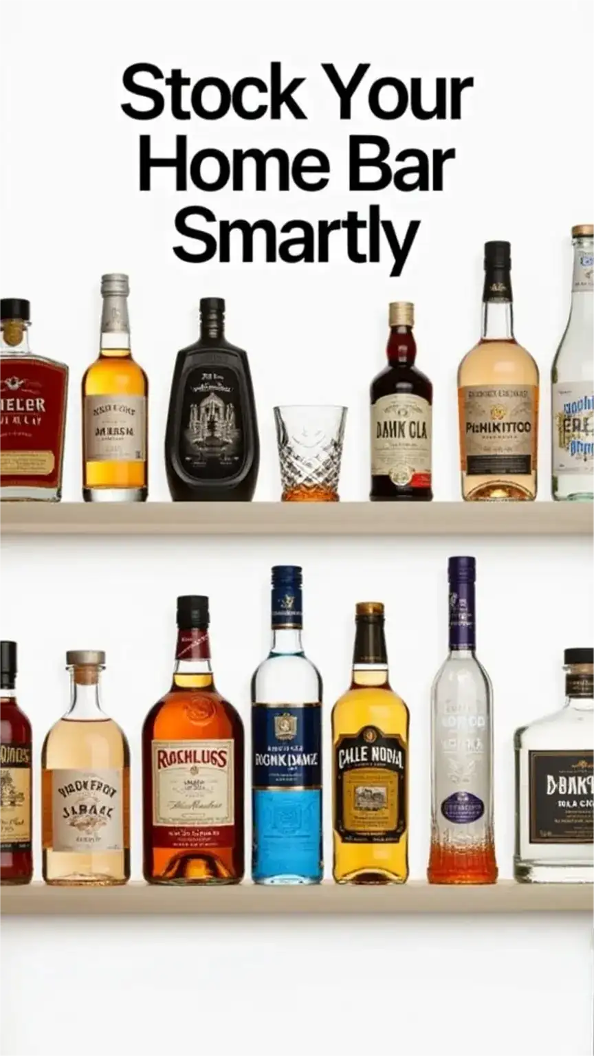 Home bar setup with budget spirits and mixers. Stocking a home bar on a budget, essential liquors for a home bar, DIY bar essentials.