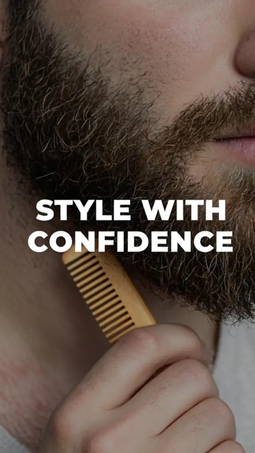 Man styling his beard with a comb, demonstrating beard styling techniques. Beard grooming tools, facial hair styling, beard comb use.