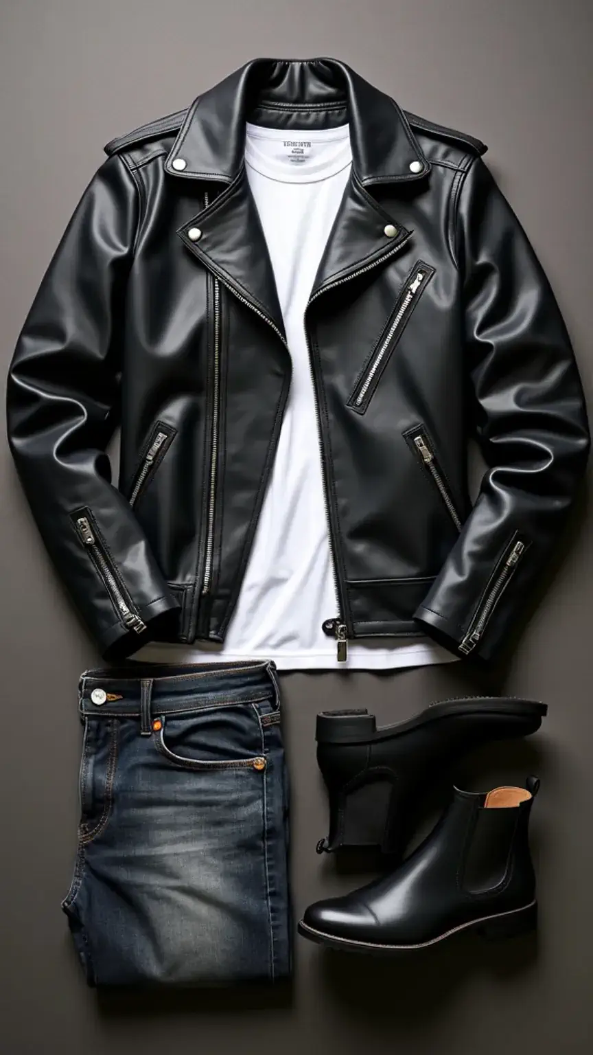 Styling a men's leather jacket with a white shirt, jeans, and boots. Outfit ideas for leather jacket style and versatility.