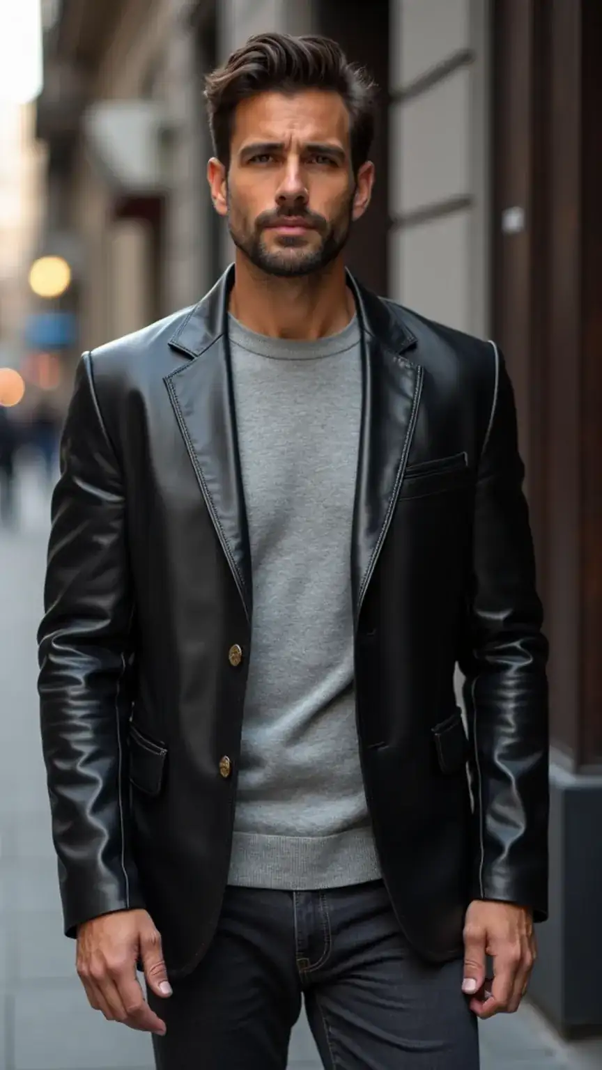 Man in a stylish leather blazer, an essential piece for elevating men's fashion basics and creating versatile outfits.