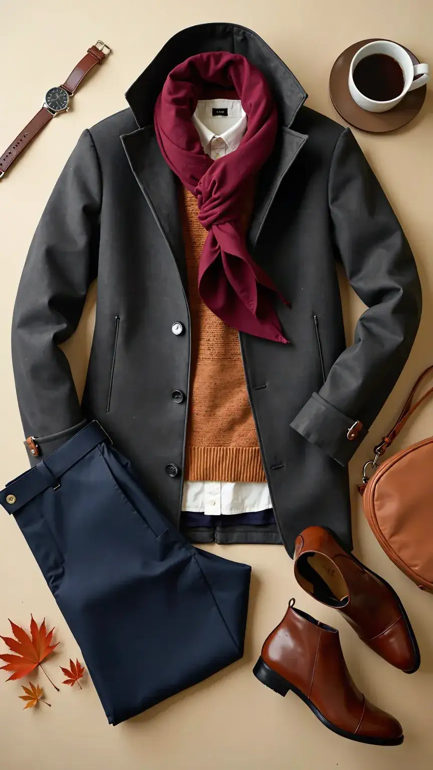 Curated autumn wardrobe essentials in earthy tones (olive, rust, camel) and deep blues arranged on neutral background for seasonal transition.