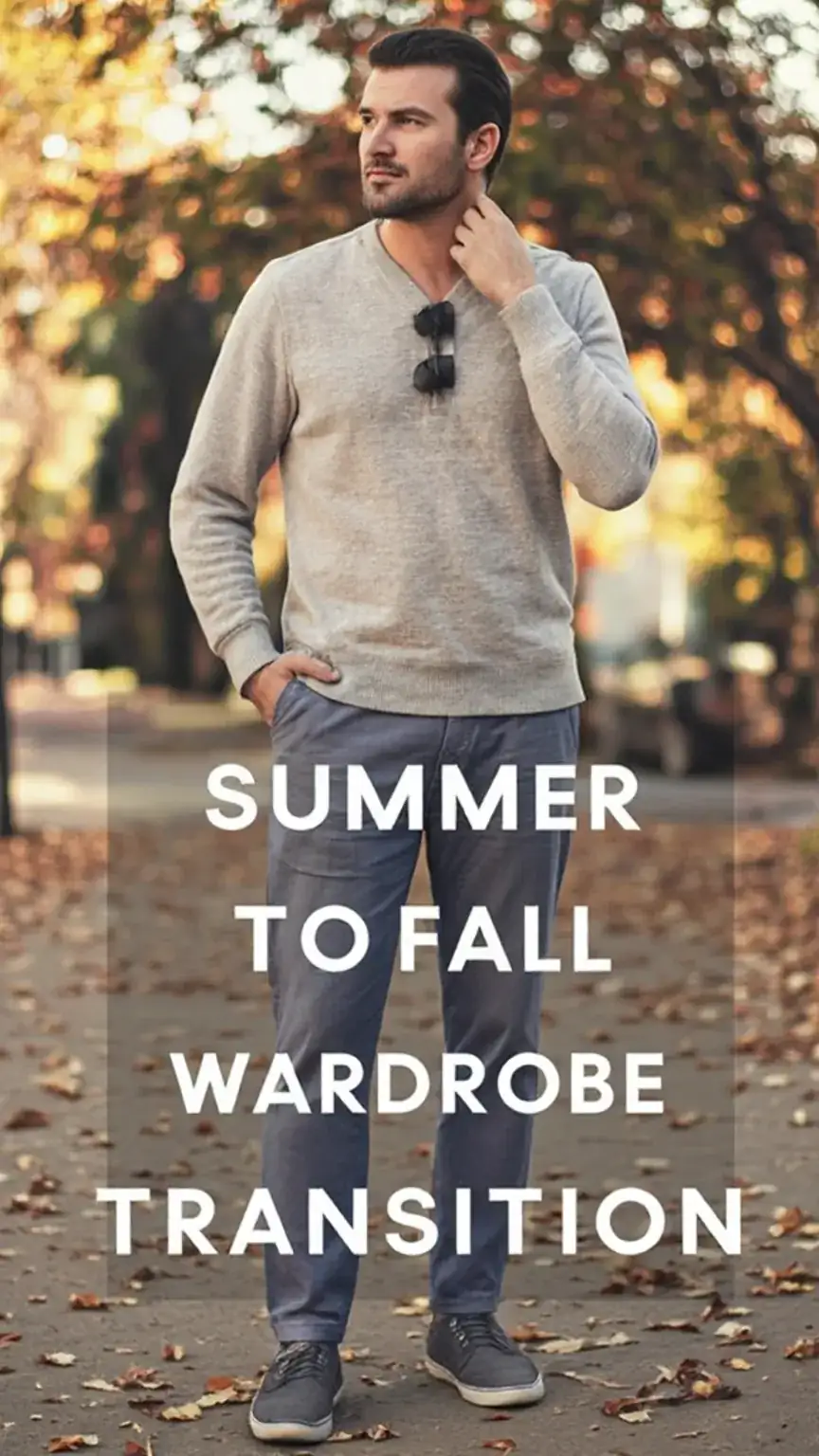Man's wardrobe transition from summer to fall, seasonal style confusion, autumn fashion advice for men, men's seasonal outfits, cool weather wardrobe update.