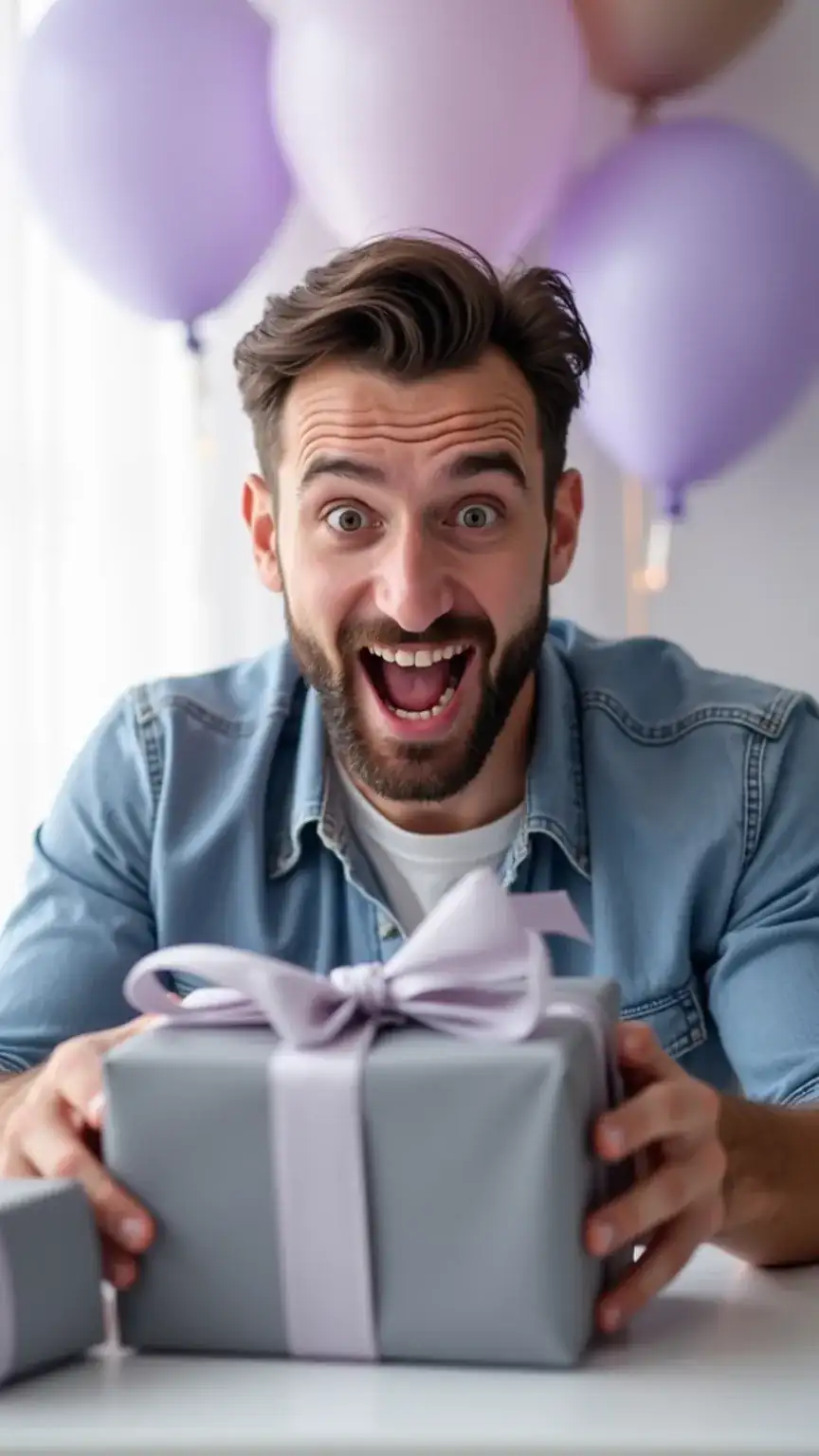 Man reacting with surprise to a birthday gift, representing the excitement of surprise gifts for him, birthday surprises, and memorable moments.