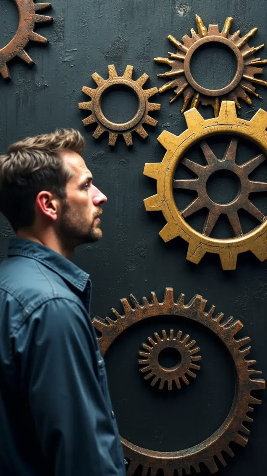 Symbolic image of a man balancing strength and sensitivity, represented by gears. Keywords: strength, sensitivity, emotional balance, modern man definition.