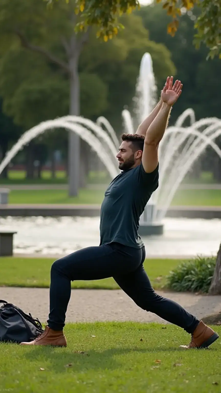 Man stretching in a park while traveling. Taking breaks and stretching, travel fitness, staying fit while traveling.