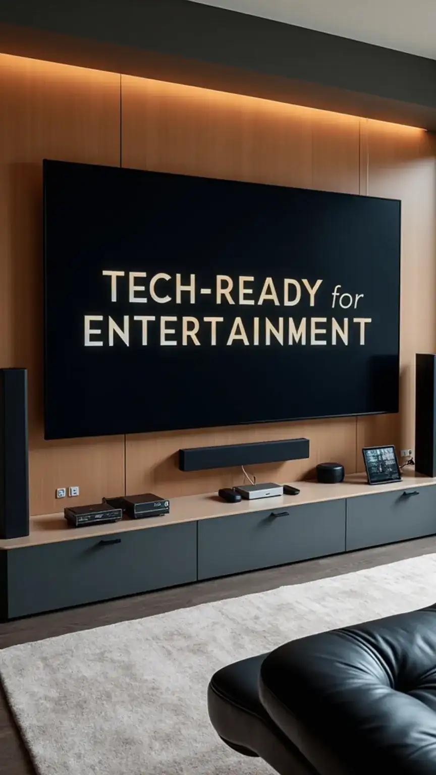 Tech-friendly man cave setup with large TV and sound system. Ideas for a modern man cave, entertainment space, man cave technology.