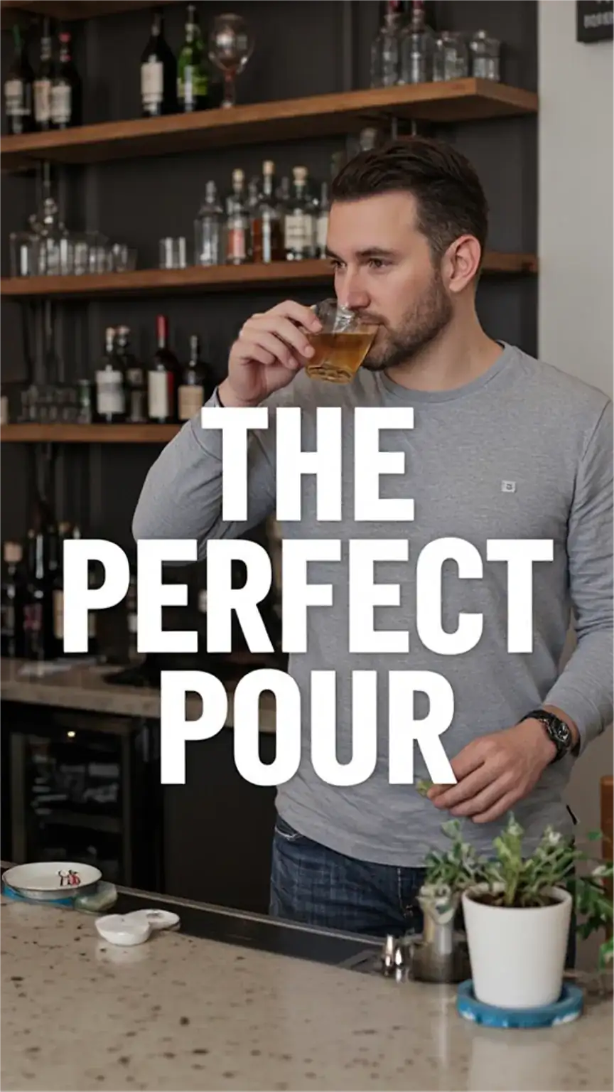 Man enjoying a drink at his home bar, with budget-friendly decor. Home bar setup for entertaining, DIY bar essentials, casual bar corner.