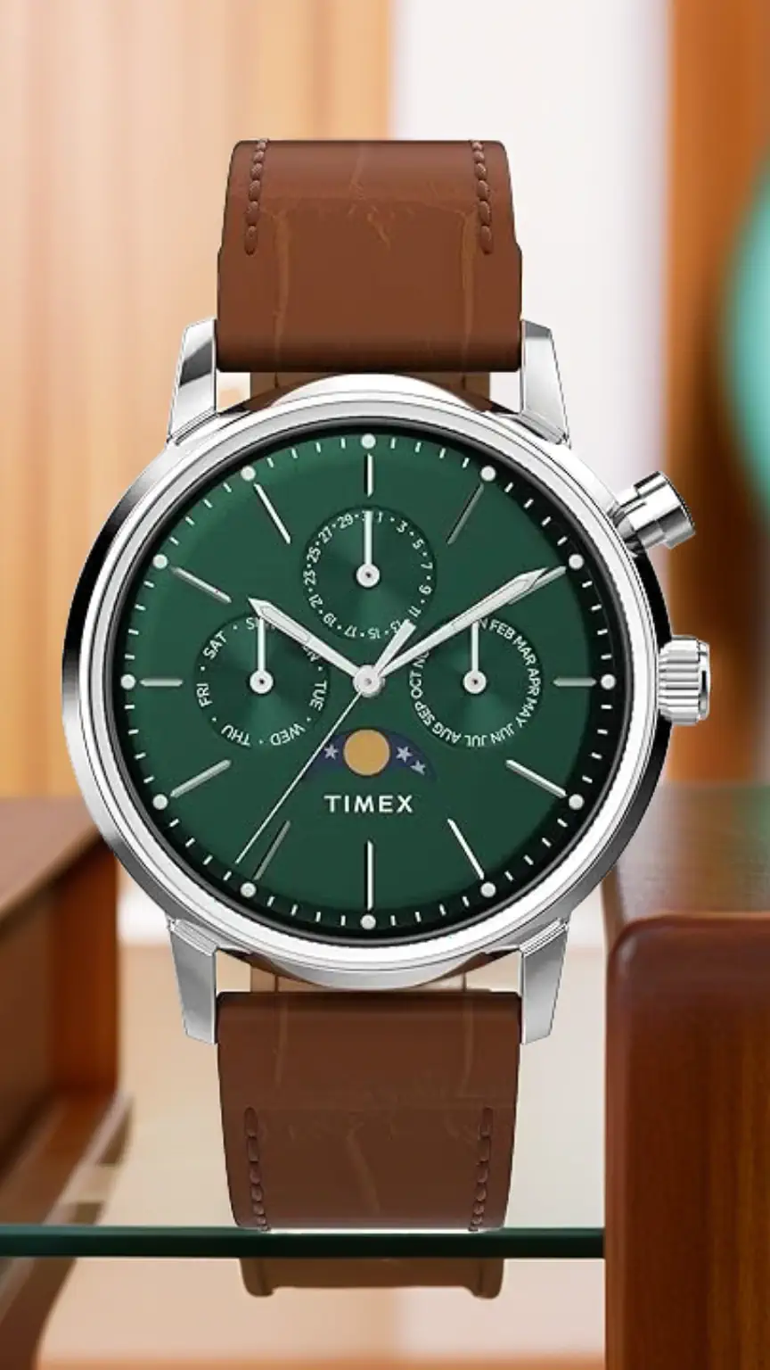 Timex Marlin Moon Phase 40mm Watch - Green Dial, Brown Leather Strap, Stainless Steel Case.