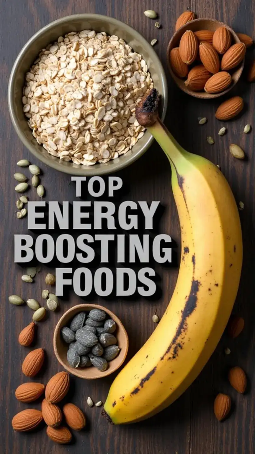 Energy-boosting foods for men: oats, bananas, nuts, and seeds. Healthy eating over 40, men's nutrition tips, sustained energy foods.