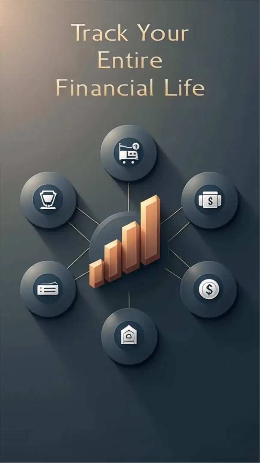 Graphic illustrating comprehensive financial management, showing interconnected icons for income, expenses, and investments, representing tools like Personal Capital for men.