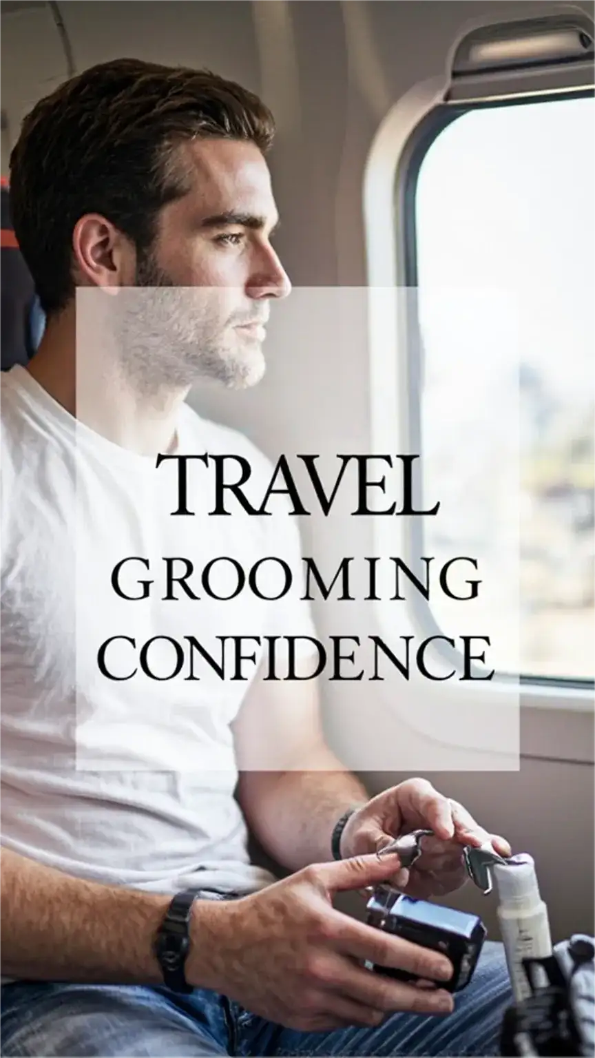 Confident and well-groomed man in a travel setting, highlighting the importance of maintaining personal hygiene and grooming on the go with travel kits.