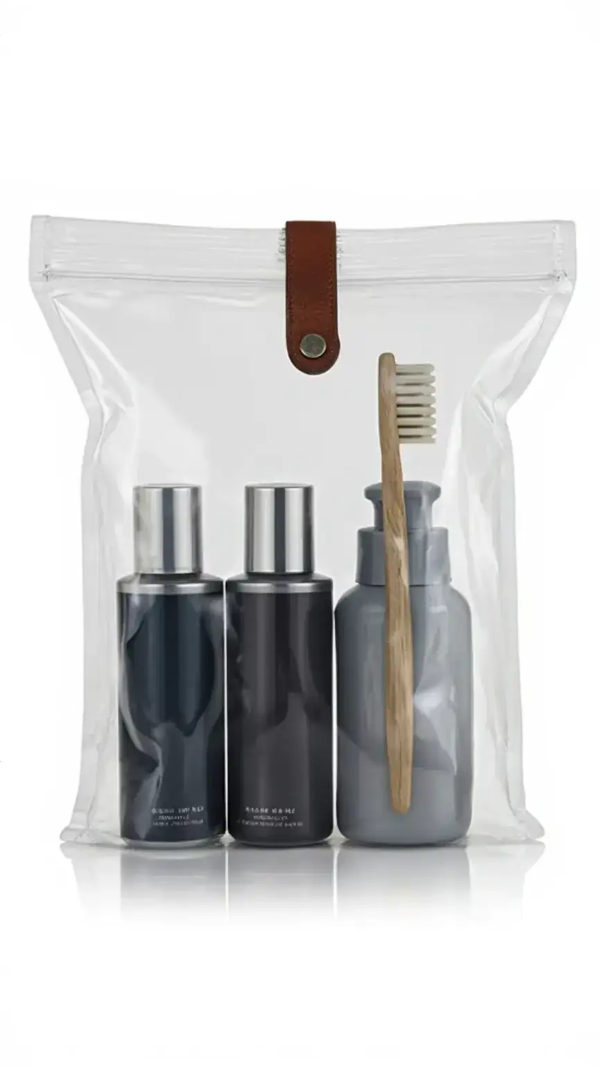Travel-sized toiletries set for men, including shampoo, conditioner, and body wash, neatly packed for easy travel.