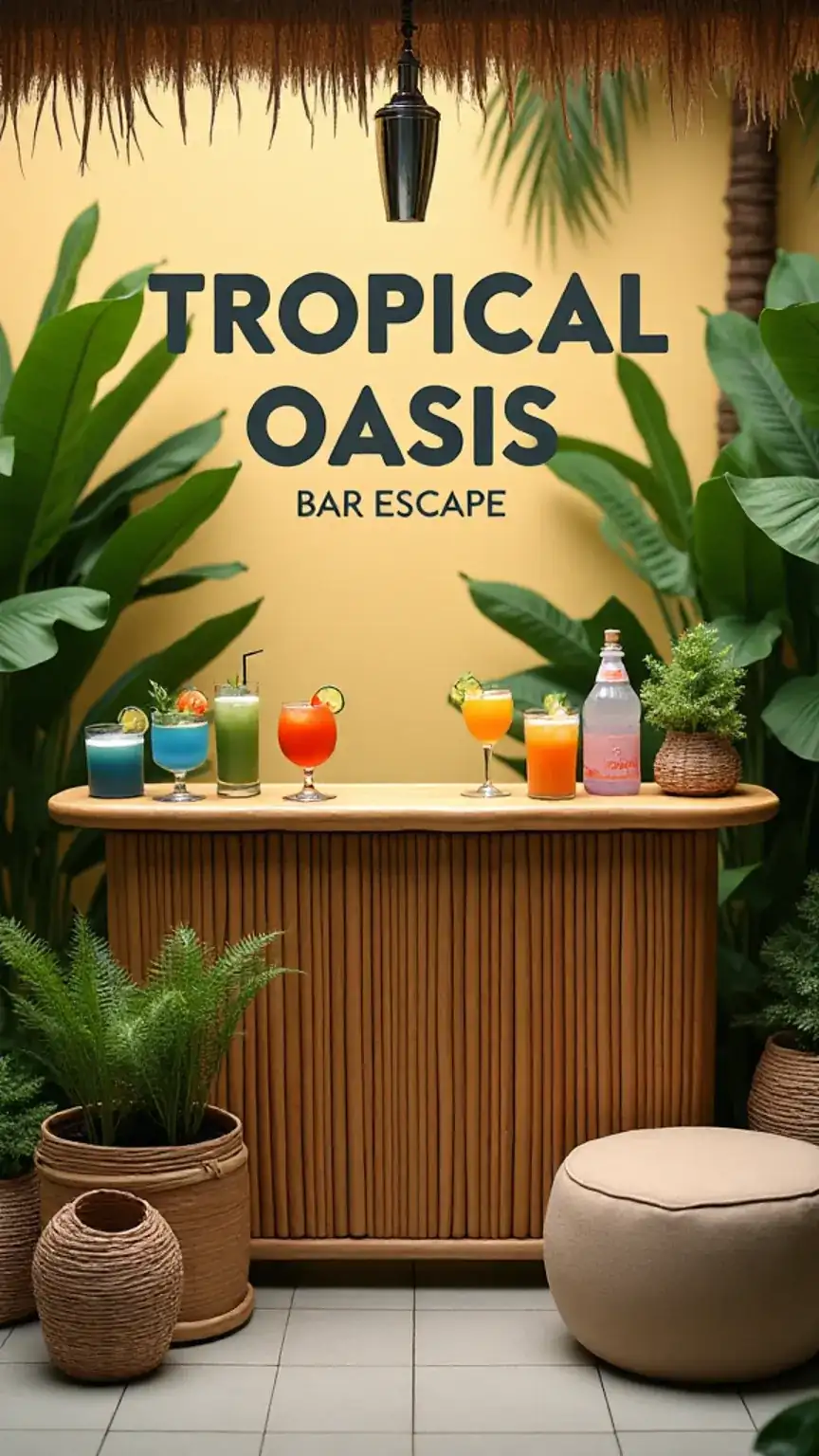 Tropical oasis home bar design with lush plants and colorful cocktails. Create a relaxing bar vibe with exotic decor and refreshing drinks.