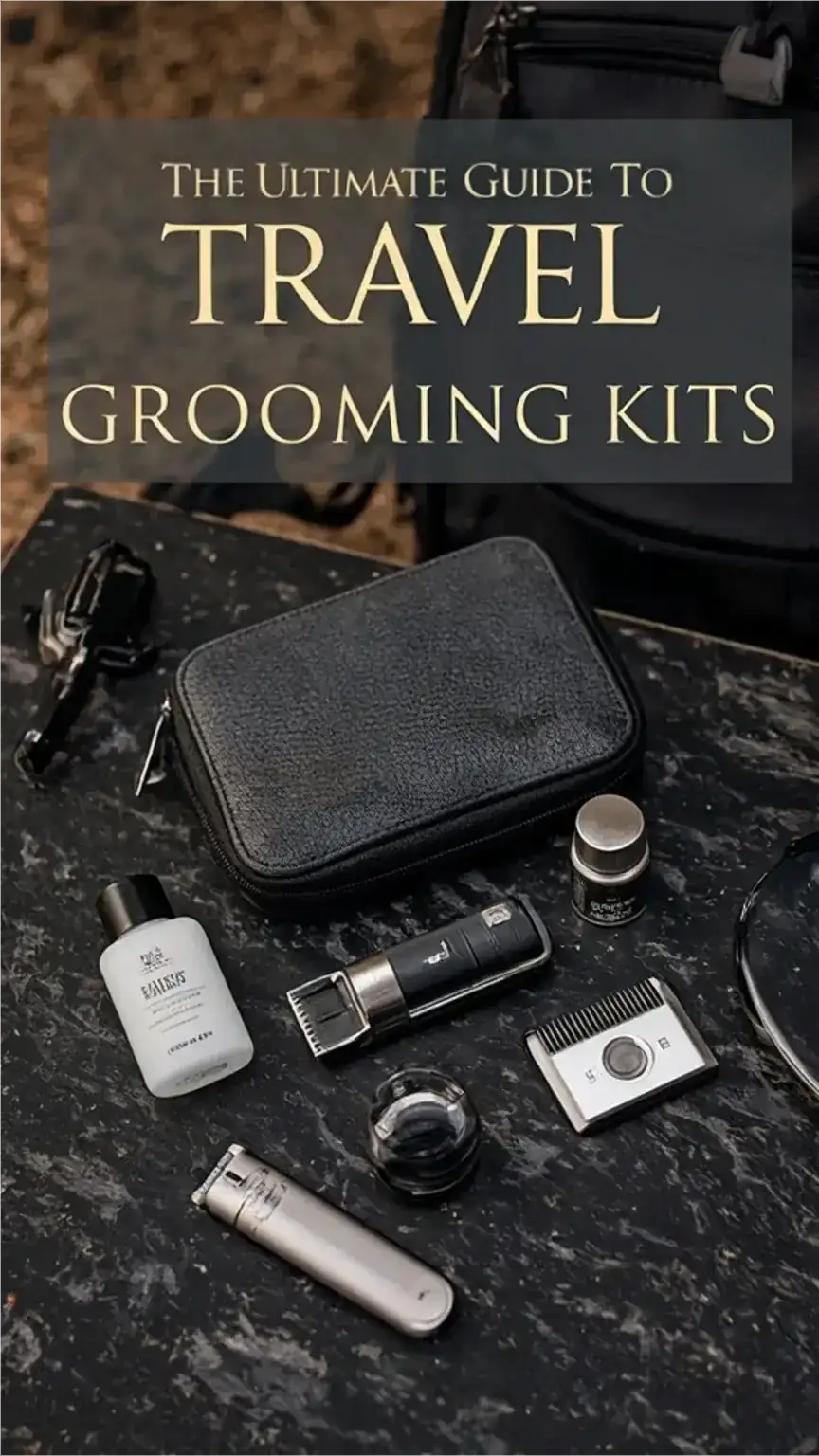 Cover image for men's travel grooming kit guide, featuring a curated selection of grooming essentials for men on the go, essential travel grooming, staying fresh.
