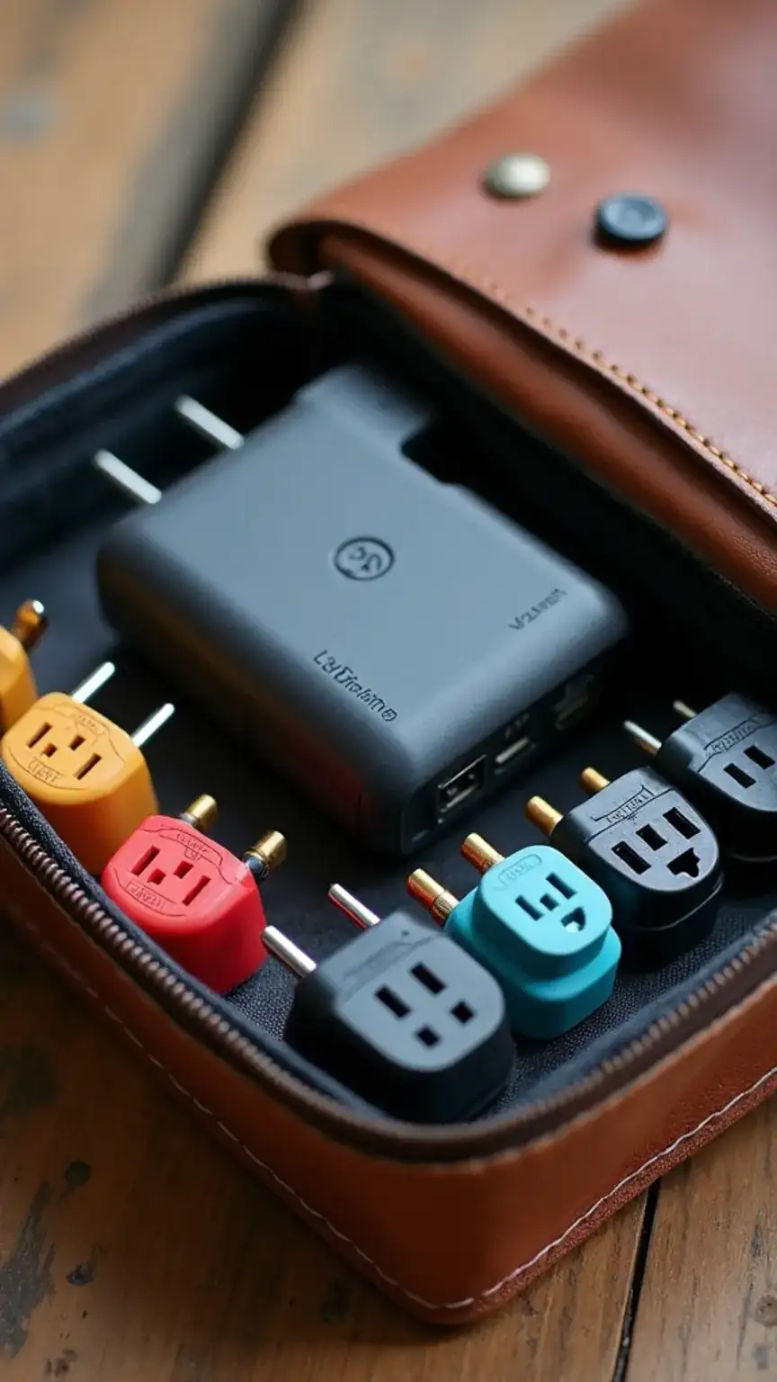 Universal power adapter with multiple plug types, an essential travel accessory for men visiting different countries.