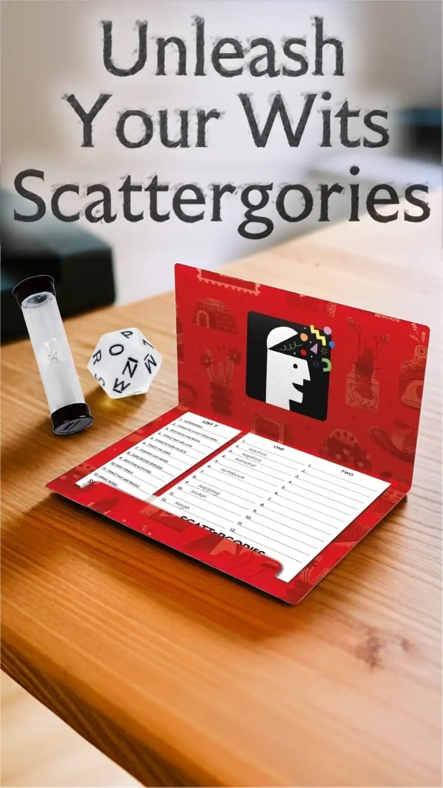 Scattergories game, creative word games for men, group activities, party games, social gatherings.