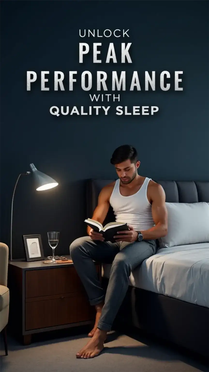 Man preparing for sleep in a calming bedroom, illustrating the importance of sleep for men's health and performance. Men's sleep guide, sleep quality tips.