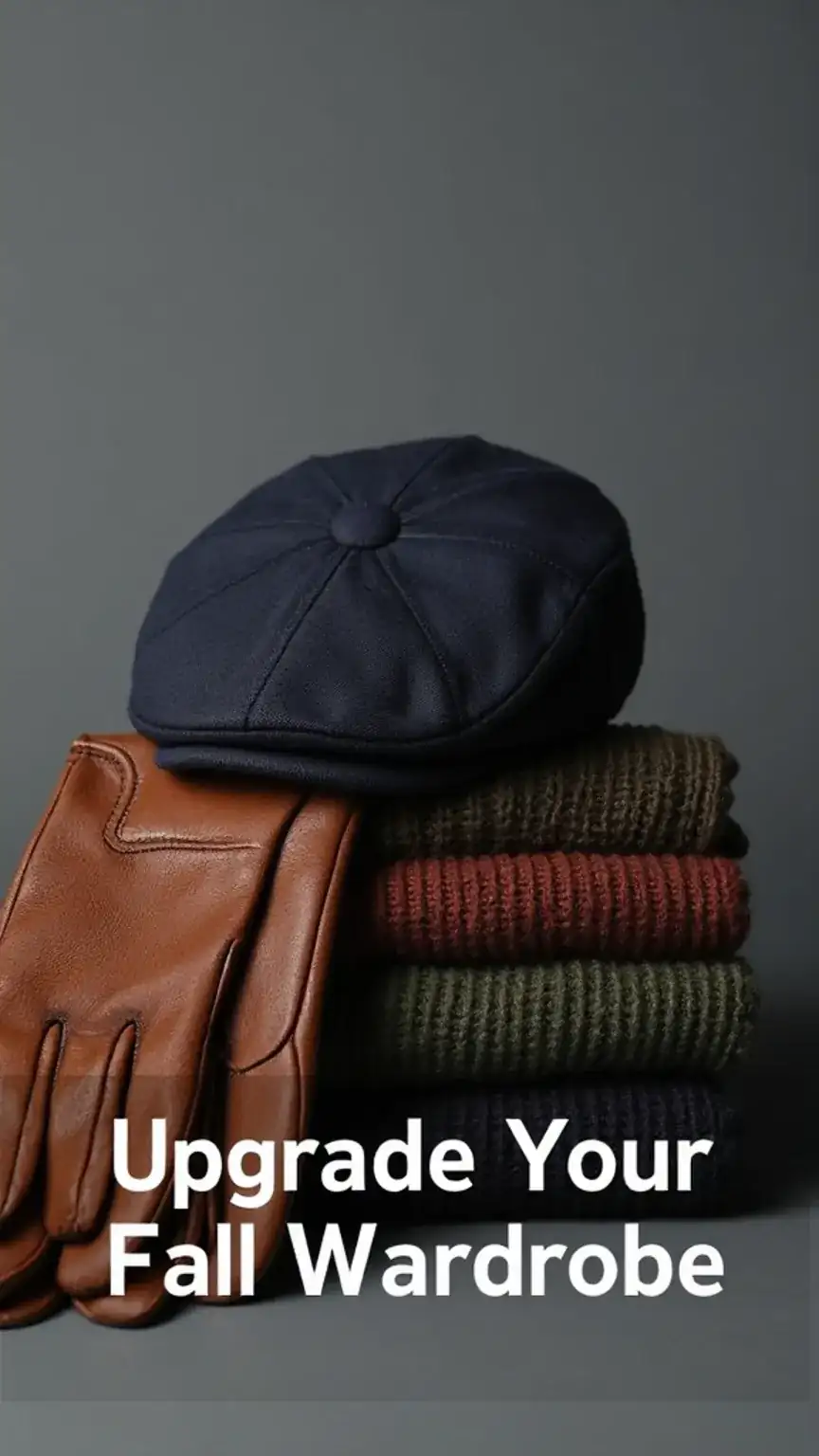 Collection of essential fall accessories for men: newsboy cap, beanie, leather gloves, wool scarf. Stylish men's autumn accessories, seasonal style tips.