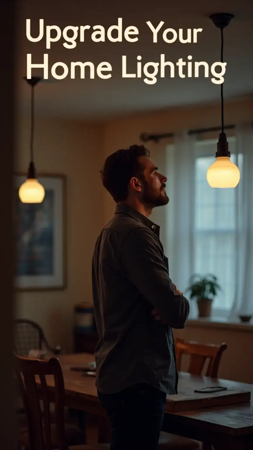 Man assessing home lighting, looking at a room's ambiance to plan for lighting upgrades. Improve home lighting with style and function.