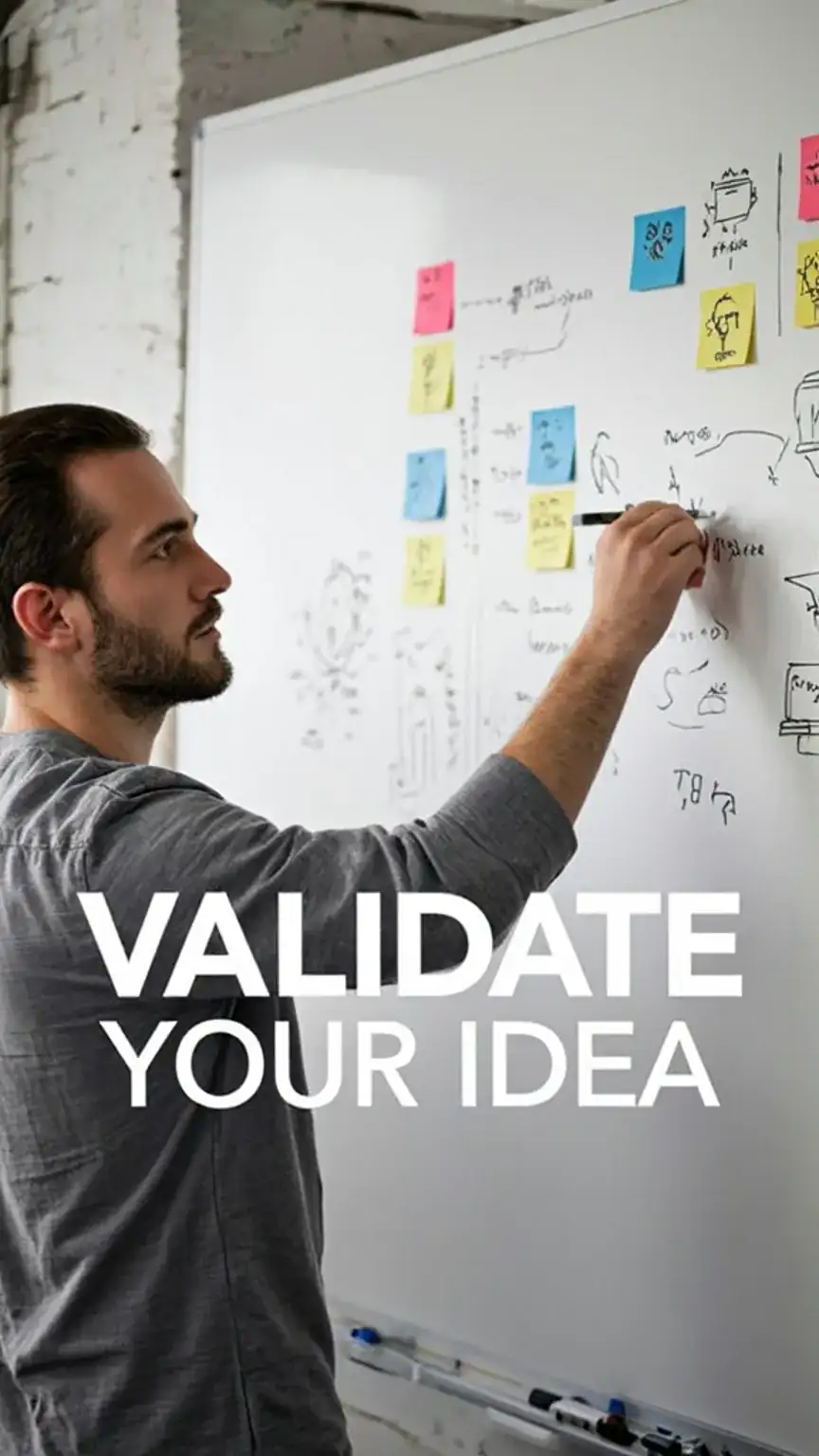 Man brainstorming and sketching ideas on a whiteboard, illustrating the validation process for starting a business. Keywords: entrepreneurship journey, validate business idea, startup advice, innovation, business planning.