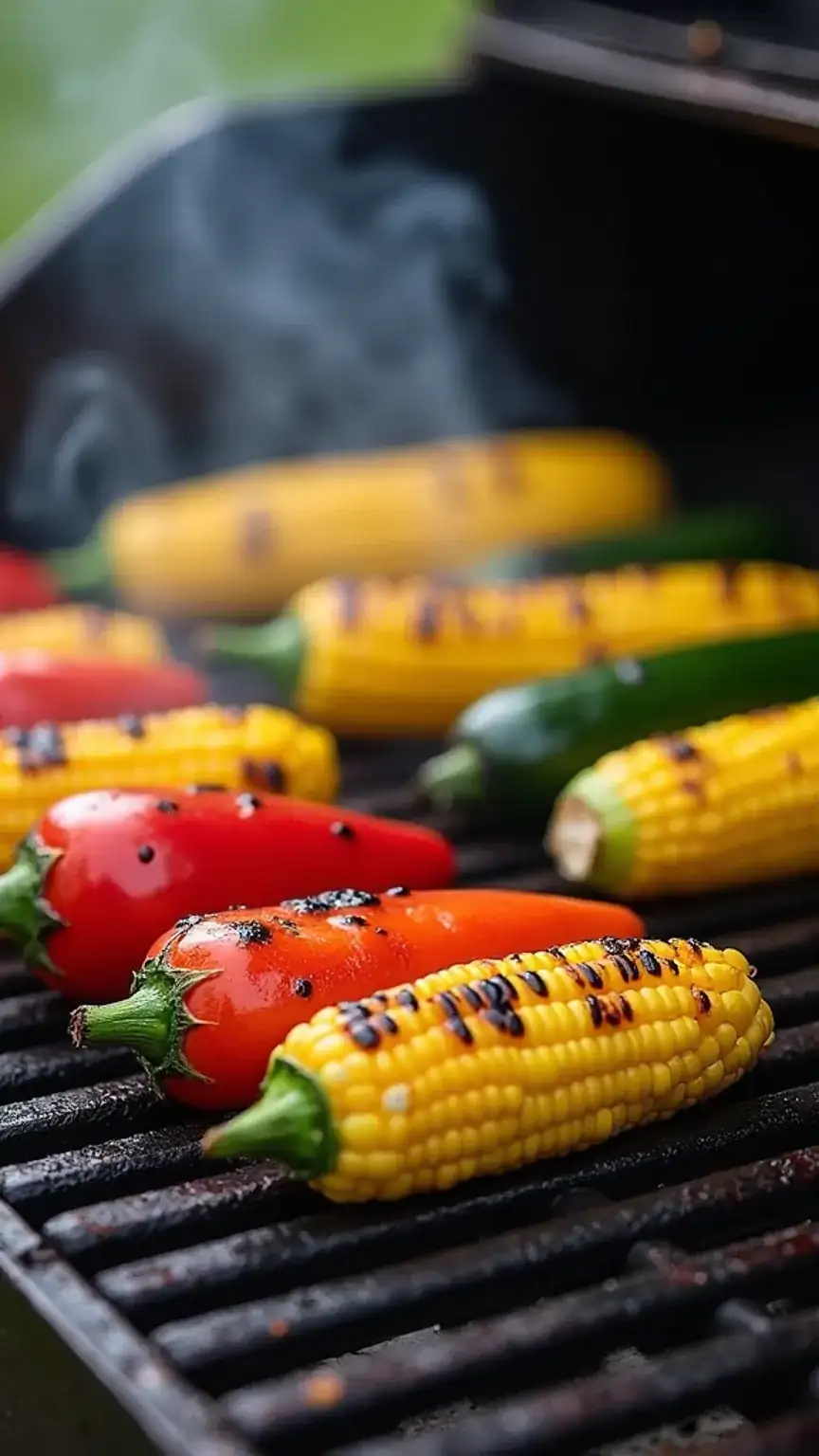 Vegetables like corn and peppers sizzling on a hot grill with char marks, demonstrating pro techniques for grilling vegetables and achieving perfect char.