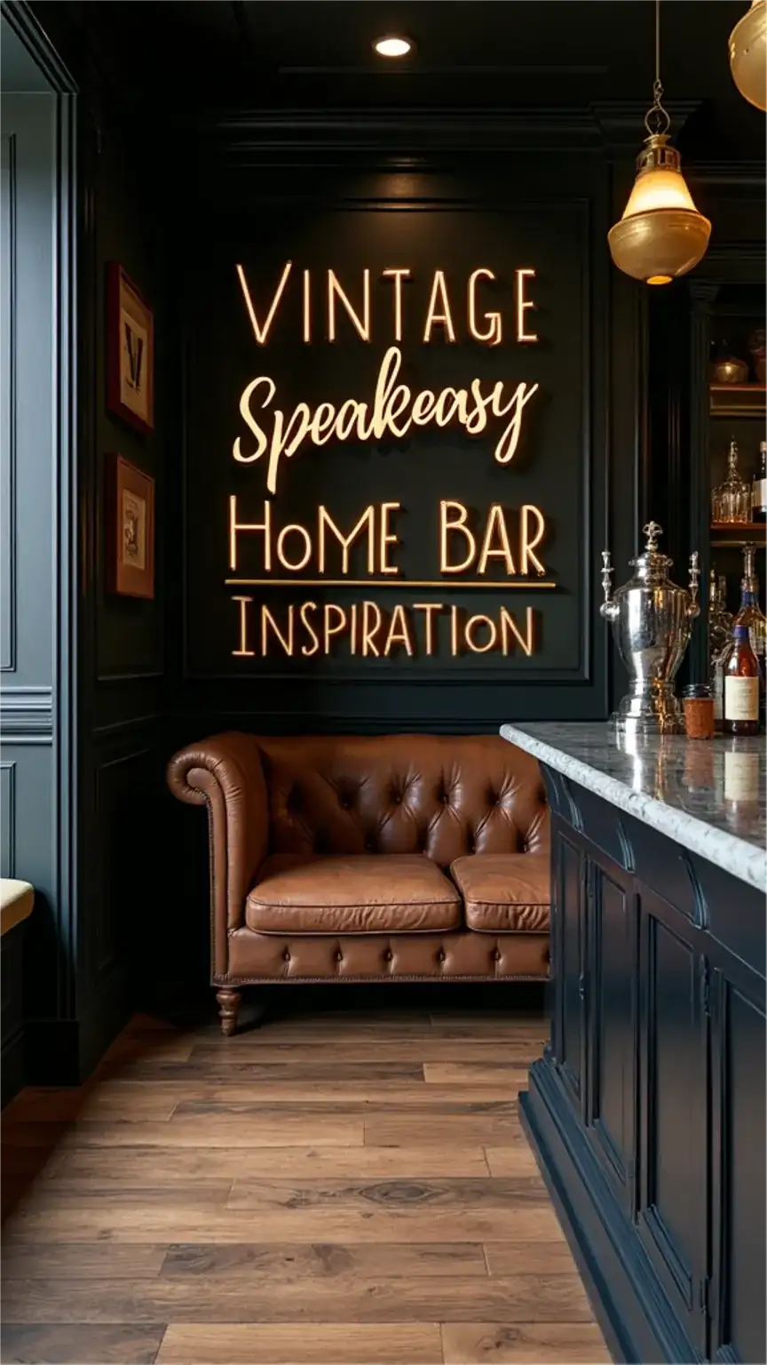 Vintage speakeasy home bar design with art deco elements and dark wood. Perfect for creating a sophisticated bar space for entertaining.