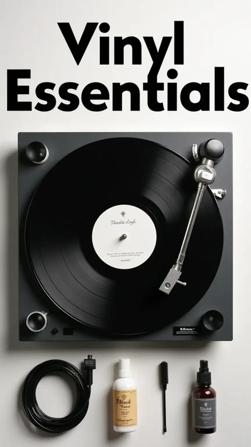 Vinyl record essentials, including turntable, phono cable, and cleaning brush, for starting a vinyl collection.