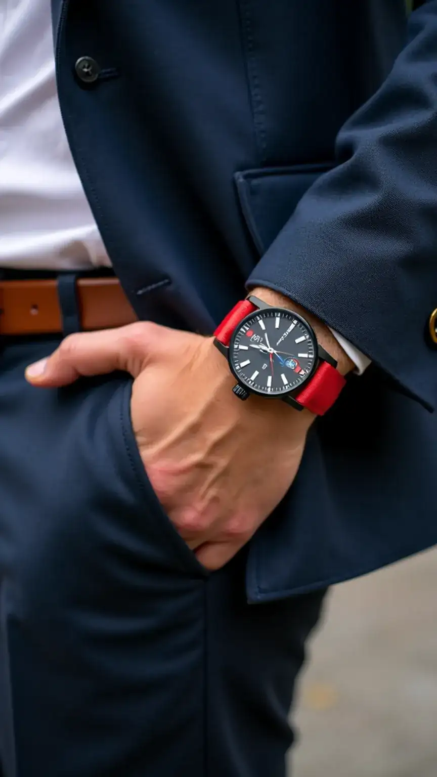 Experimenting with watch colors for men, bold watch strap, men's watch fashion trends, colorful accessories, men's style advice.