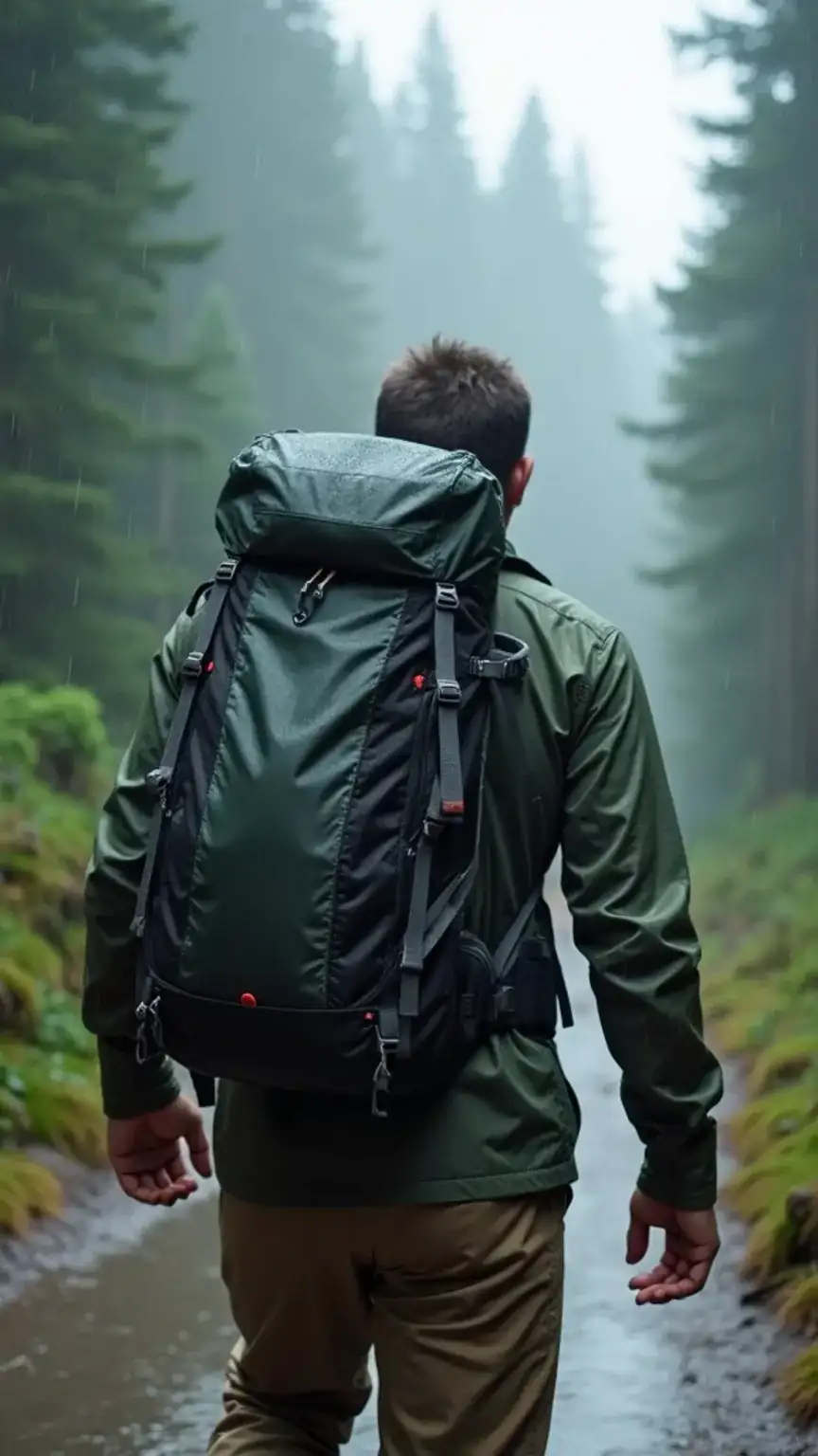 Durable and water-resistant travel backpack protecting gear from rain, showcasing the importance of material for men's backpacks.