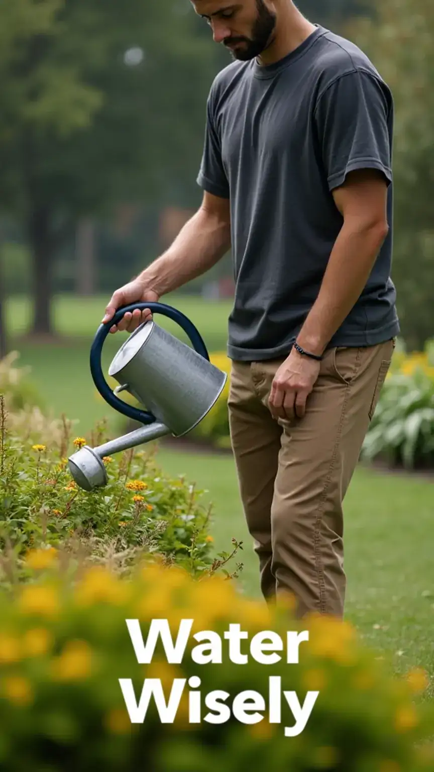 Man watering plants deeply but infrequently for a low-maintenance garden. Keywords: watering garden, smart watering, easy garden tips, water conservation, garden maintenance.