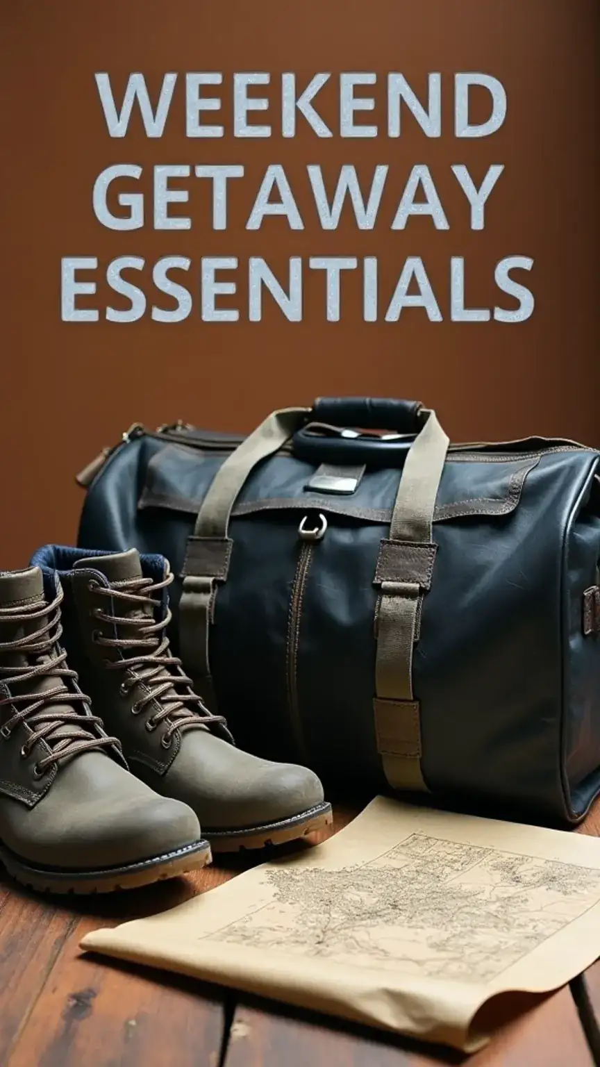 Packing essentials for men's weekend getaway, weekend escape ideas, travel gear, hiking boots, maps, planning short trips.