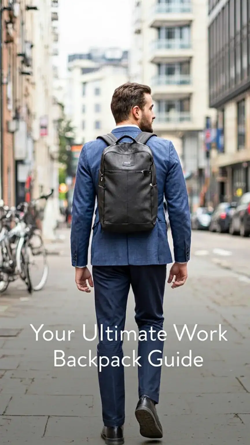 Man with a sleek work backpack in a city, highlighting the best men's backpacks for professional use and commuting.