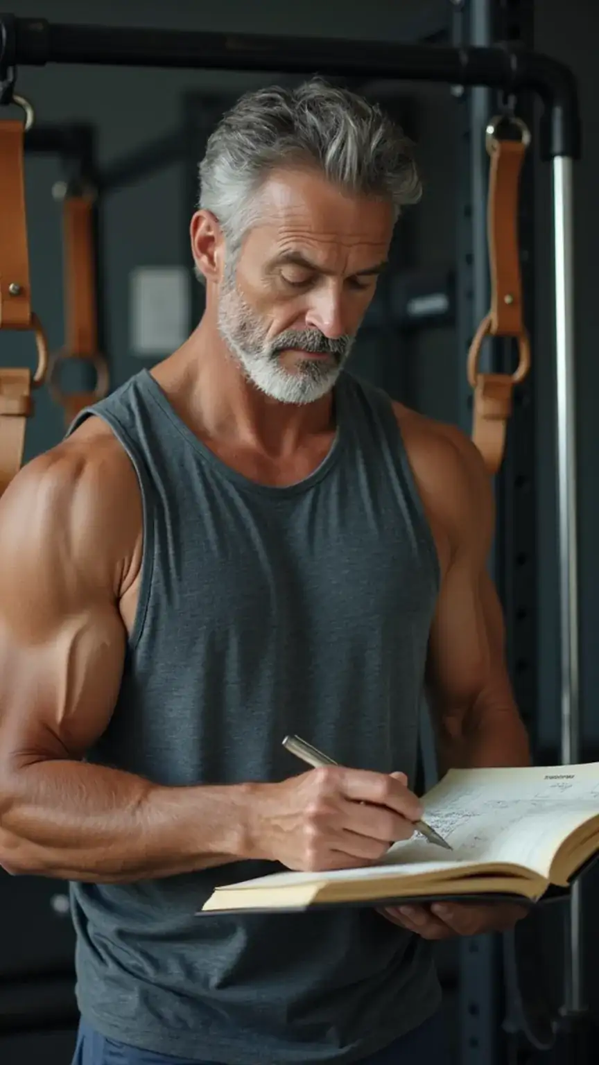 Man reviewing workout logbook, emphasizing setting realistic expectations for strength training for men, building muscle after 40, aging and fitness planning.