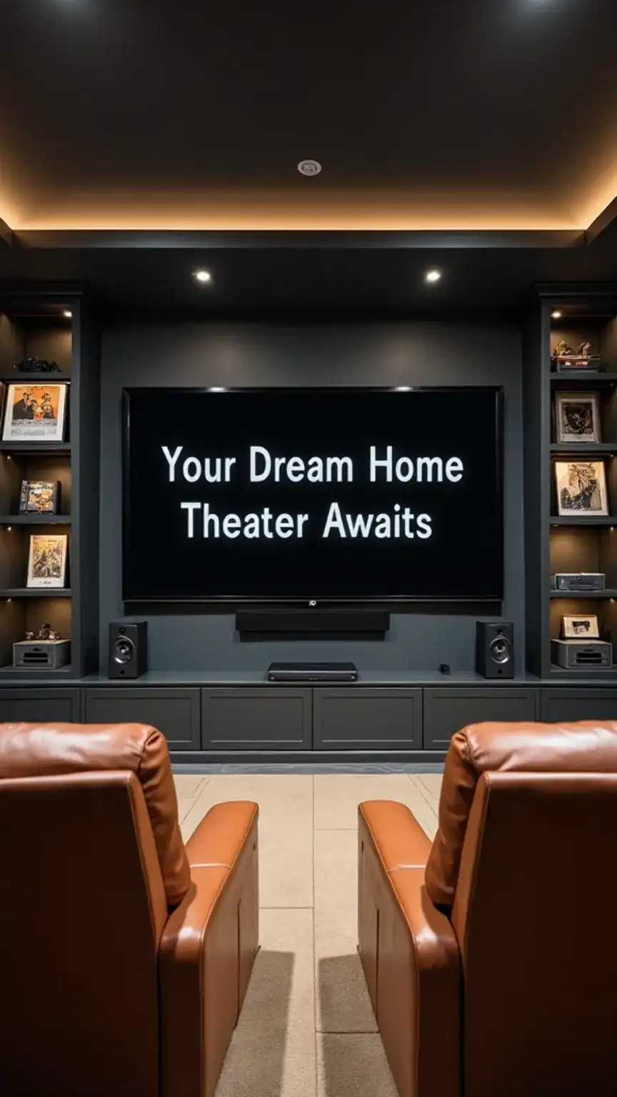 Completed man cave home theater setup. The ultimate home cinema experience with advanced tech and comfort. Home theater design for men.