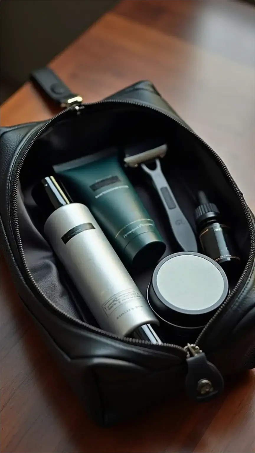 Essential men's grooming kit: Collection of skincare, shaving, beard, and hair products. Men's grooming tools, travel grooming, everyday essentials for a sharp appearance.
