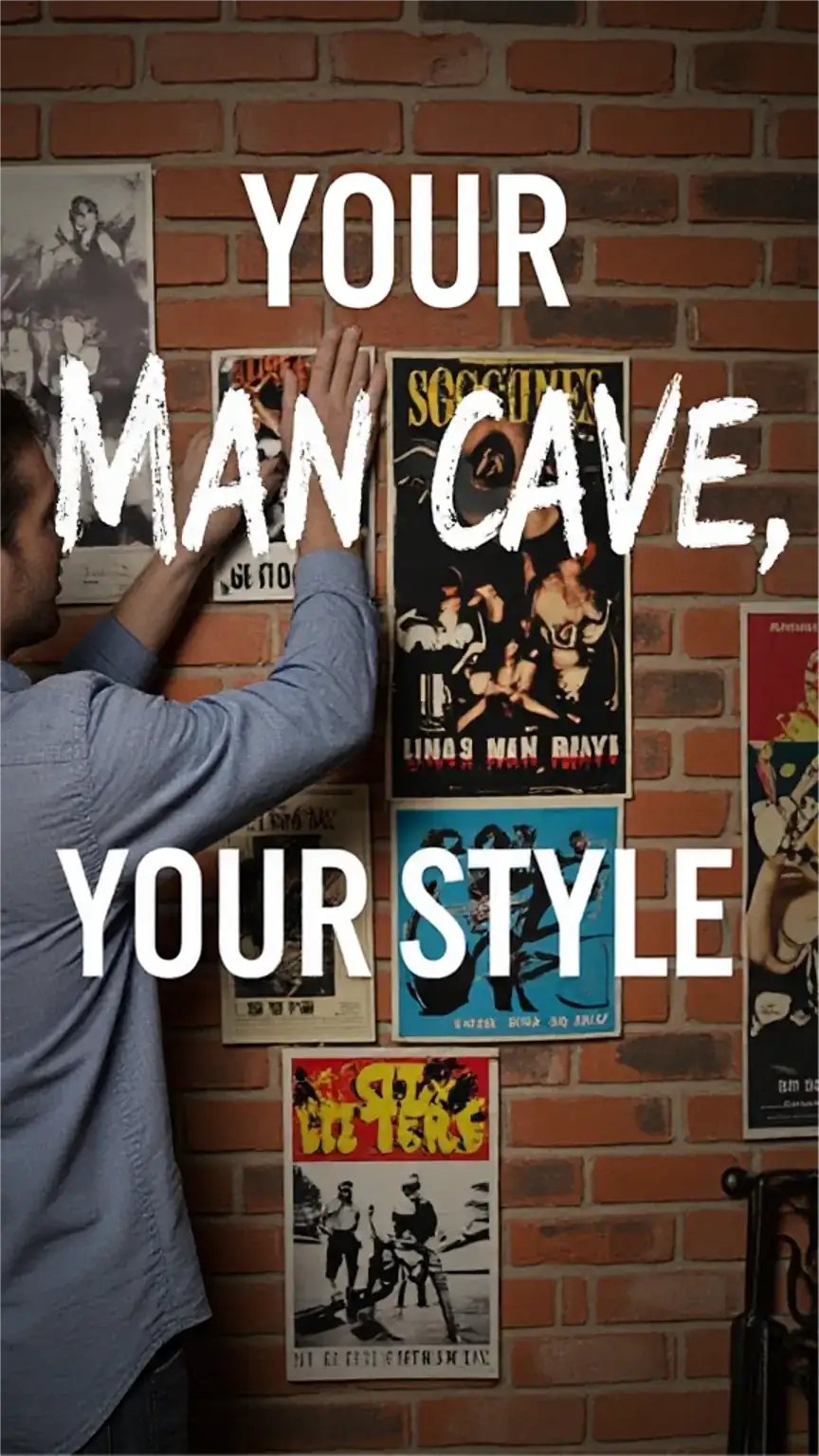 Personalizing a man cave with vintage band posters on a brick wall. Unique man cave ideas for music lovers, DIY man cave decoration, how to personalize your man cave.
