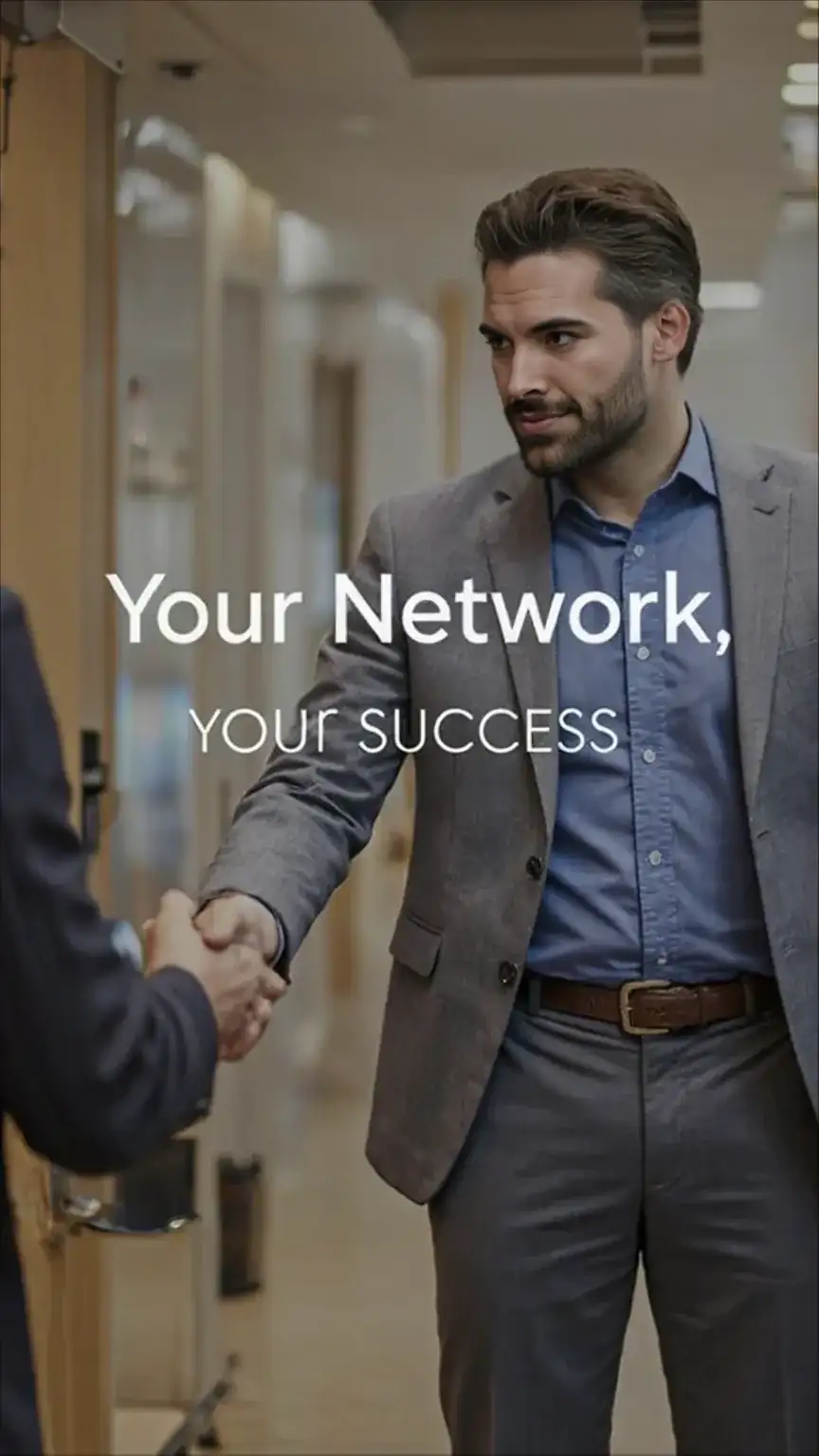 Introduction to professional networking: man extending hand for handshake in modern workspace. Vertical image for Pinterest. Keywords: professional networking, career growth, networking tips, building connections.