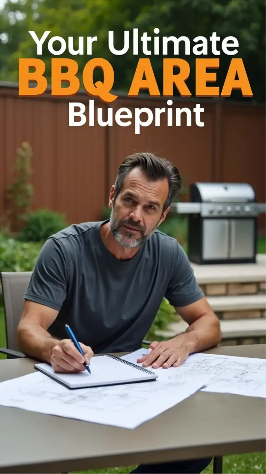 Man planning his dream BBQ area, sketching an outdoor kitchen design. Building a patio cooking space, BBQ setup inspiration, backyard renovation.
