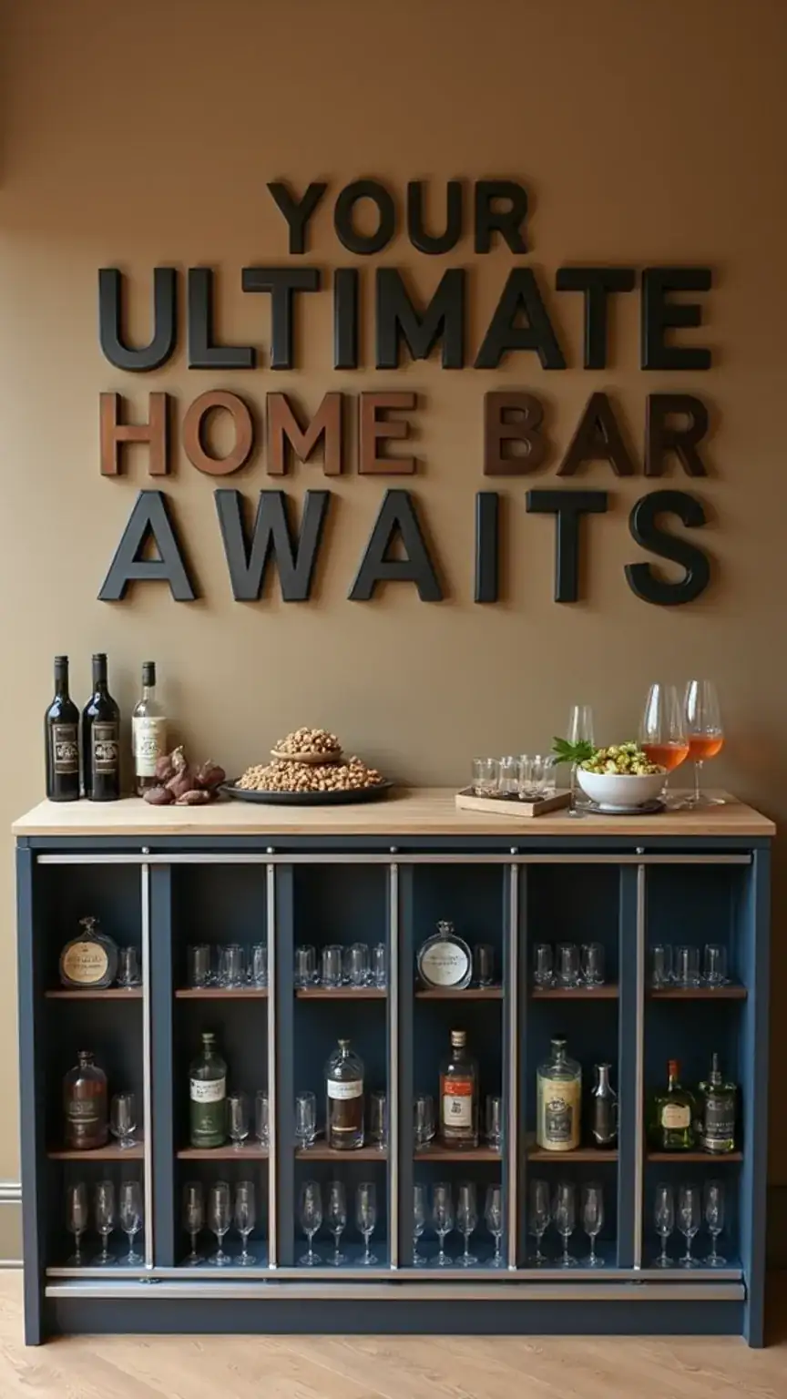 Fully set up DIY home bar, ready for entertaining, ultimate man cave bar, professional home bar setup for guests.