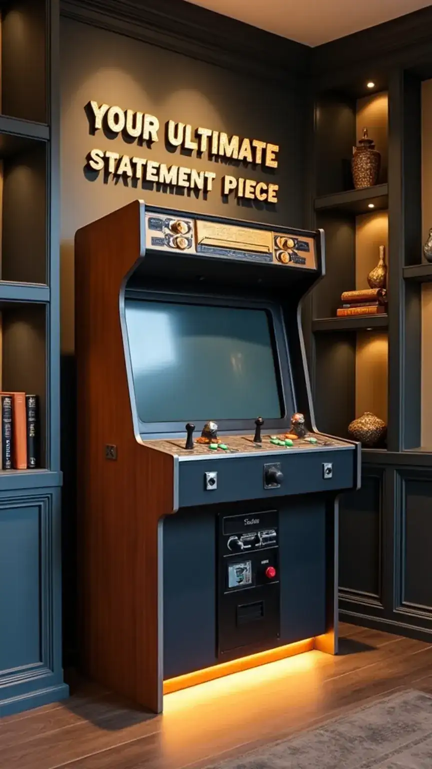 Vintage arcade machine as a statement piece in a man cave. Unique man cave ideas, retro man cave decor, personalized man cave.