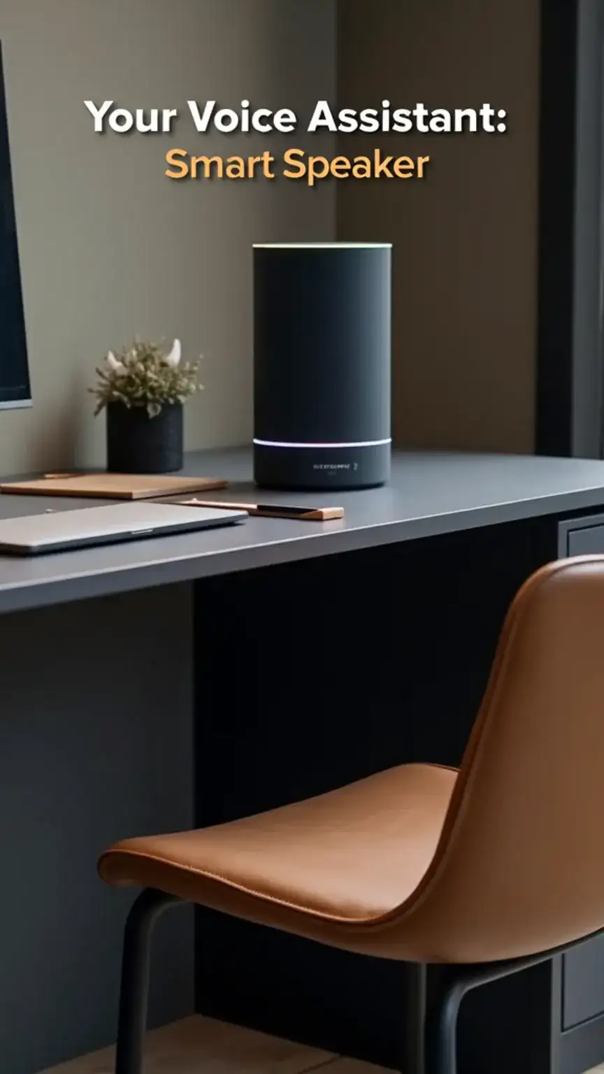 Smart speaker in a home office, showcasing voice command functionality. Tech for office productivity and convenience. Essential office tech.