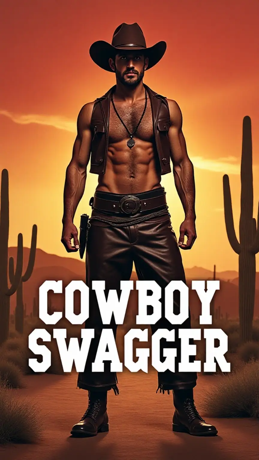 Rugged man in Cowboy costume with leather chaps, hat, shirtless vest, desert sunset, bold masculine style.